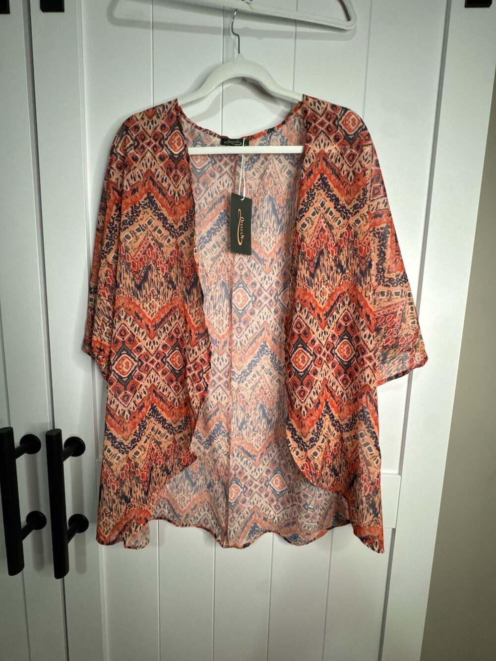 Ofeefan Lightweight Boho Orange Tribal Print Kimono Cardigan Cover Up Size L